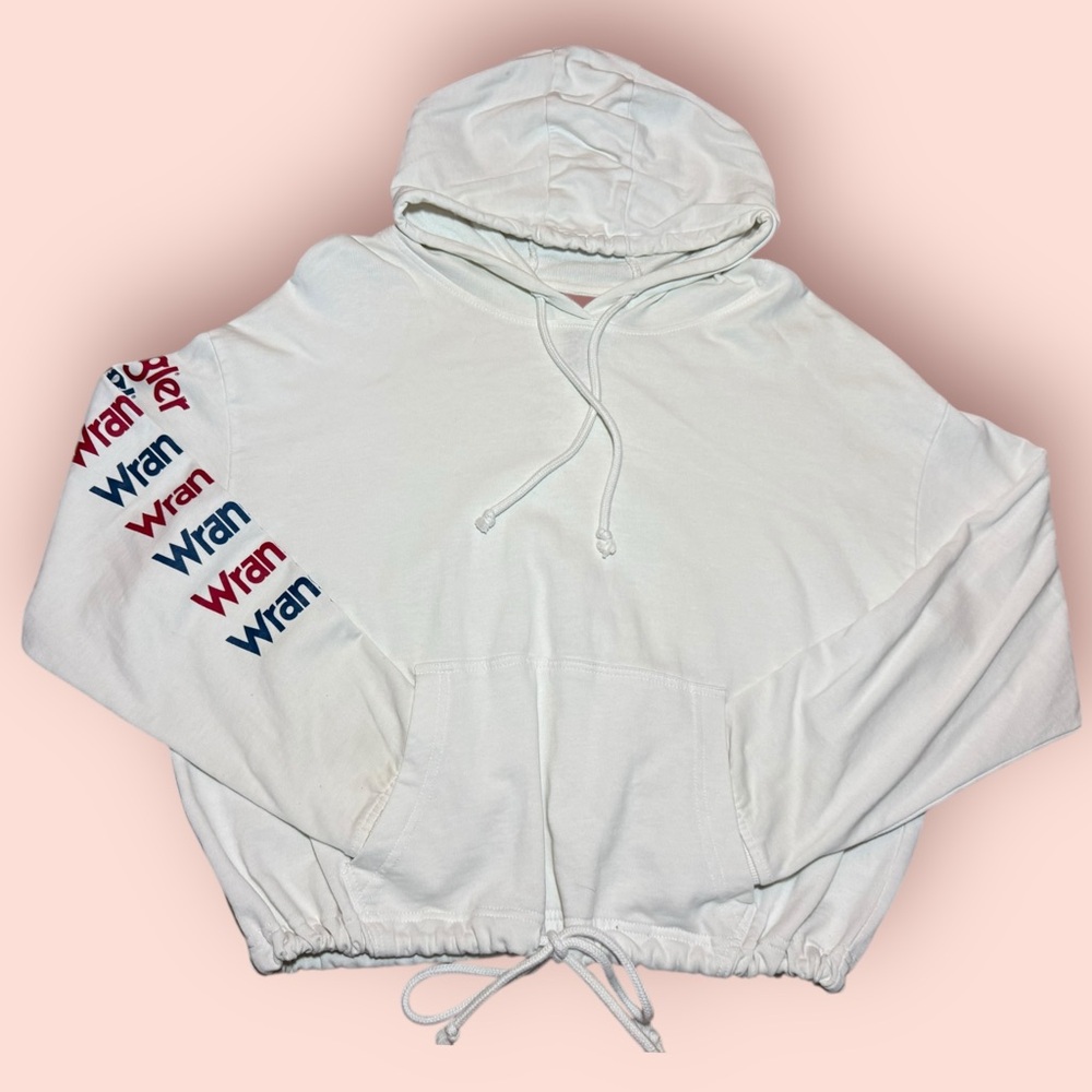 Wrangler White Hoodie with Red and‎ Blue Sleeve Design